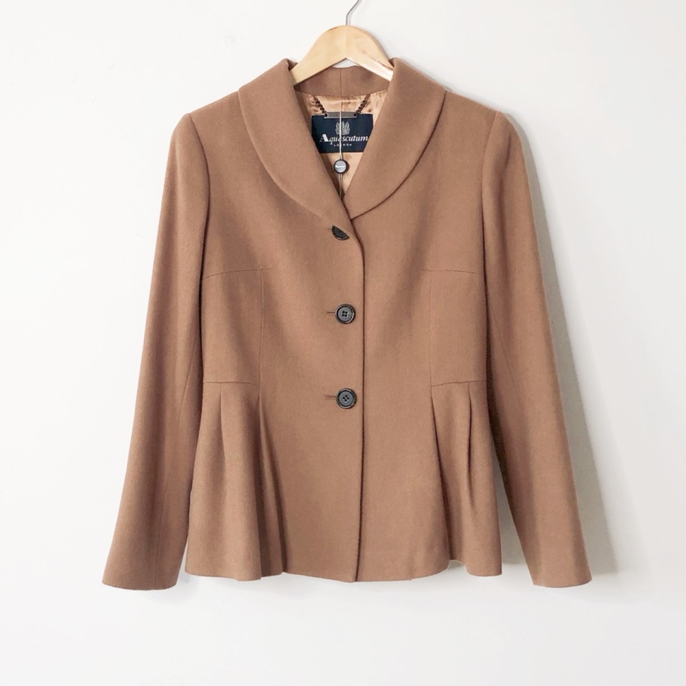 HostPick Aquascutum London Camel Virgin Wool Angora Shawl Collar Peplum Jacket 8